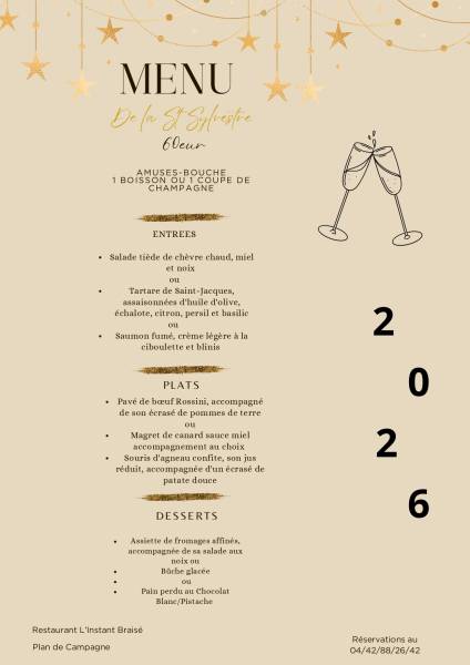 Réservez une table pour le réveillon de la Saint Sylvestre dans votre restaurant L'Instant Braisé à Plan de Campagne